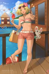 Rule 34 | 1girl, :d, alternate costume, bag, bare shoulders, belt, belt buckle, bianca (pokemon), bikini, blonde hair, breasts, buckle, building, commentary, commission, creatures (company), cup, day, door, english commentary, eyewear on head, flower, game freak, gen 5 pokemon, green eyes, hair flower, hair ornament, halterneck, hentaki, highres, holding, holding cup, looking at viewer, minccino, navel, nintendo, open mouth, outdoors, parted bangs, pennant, pink flower, pink footwear, pink shorts, pokemon, pokemon (creature), pokemon bw2, red-framed eyewear, sandals, short shorts, shorts, small breasts, smile, standing, standing on one leg, string of flags, striped bikini, striped clothes, sunglasses, swimsuit, teeth, upper teeth only, v, water, white belt, window