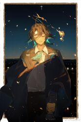 Rule 34 | 1boy, ahoge, antenna hair, arknights, black coat, black pants, blue hair, blue necktie, border, brown hair, closed eyes, coat, collared shirt, colored inner hair, cross, fire, freckles, holding, imahana017, kerosene lamp, lamp, light particles, long sleeves, medium hair, multicolored hair, necktie, night, night sky, pants, parted bangs, parted lips, pointy ears, shirt, sky, smile, solo, weibo watermark, white shirt, wide sleeves, wind