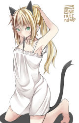 Rule 34 | 1girl, adjusting hair, amai nekuta, animal ears, armpits, arms up, blonde hair, cat ears, cat tail, charlotte lueder, extra ears, green eyes, kneeling, looking at viewer, mouth hold, nightgown, ponytail, solo, strike witches, tail, twitter username, witches of africa, world witches series