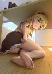 Rule 34 | 1girl, absurdres, bare legs, barefoot, blonde hair, blush, bow, breasts, brown shirt, brown skirt, commentary request, day, feet, female focus, foot focus, foreshortening, frilled skirt, frills, full body, green neckerchief, hair bow, hair ornament, hairclip, highres, himitsu (hi mi tsu 2), indoors, kaguya (himitsu), long hair, looking at viewer, lying, neckerchief, on side, one side up, open mouth, original, panties, sailor collar, shirt, short sleeves, skirt, skirt tug, small breasts, soles, solo, thigh strap, toes, under table, underwear, white panties, window, wooden floor, x hair ornament, yellow eyes