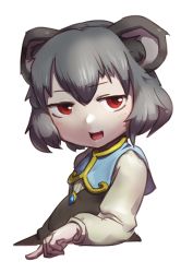 Rule 34 | 1girl, absurdres, animal ear fluff, animal ears, blush, commentary request, cookie (touhou), flat chest, grey hair, grey vest, hakonnbo, highres, long sleeves, looking at viewer, mouse ears, mouse girl, nazrin, nyon (cookie), open mouth, red eyes, shirt, short hair, simple background, smile, solo, touhou, upper body, vest, white background, white shirt