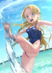 Rule 34 | 1girl, blonde hair, blue eyes, blue one-piece swimsuit, blue sky, breasts, cloud, commentary request, commission, commissioner upload, competition school swimsuit, day, furon (froon), highleg, highleg swimsuit, highres, horizon, kicking, kofune ushio, long hair, looking at viewer, motion blur, one-piece swimsuit, outdoors, school swimsuit, sky, small breasts, solo, summertime render, swimsuit, very long hair, water