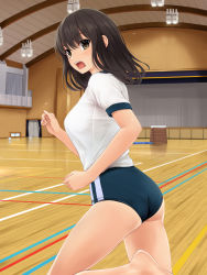 Rule 34 | 1girl, ass, breasts, brown eyes, brown hair, buruma, commentary request, feet out of frame, from side, highres, indoors, long hair, looking at viewer, medium breasts, nonaka ritsu, open mouth, original, shirt, short sleeves, solo, sportswear, teeth, upper teeth only, white shirt