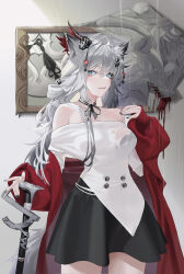 Rule 34 | 1girl, absurdres, alternate costume, animal ears, arknights, bare shoulders, black choker, black nails, black ribbon, black skirt, blue eyes, breasts, choker, coat, commentary request, cowboy shot, feather pen113, grey hair, hair ornament, highres, lappland (arknights), long hair, looking at viewer, medium breasts, miniskirt, nail polish, off-shoulder shirt, off shoulder, open clothes, open coat, parted lips, red coat, ribbon, ribbon choker, shirt, skirt, solo, standing, very long hair, white shirt, wolf ears