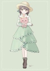 Rule 34 | 1girl, absurdres, blush, boots, braid, brown footwear, brown hair, commentary, demitsuyuzaki, green background, green eyes, green skirt, hat, highres, holding, holding stuffed toy, layered skirt, light smile, looking at viewer, medium hair, original, shirt, signature, simple background, skirt, solo, straw hat, stuffed animal, stuffed pig, stuffed toy, twin braids, white shirt