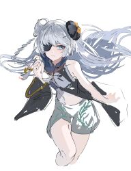 Rule 34 | 1girl, absurdres, closed mouth, double bun, eyepatch, gawako, grey hair, hair bun, highres, looking to the side, original, shorts, sleeveless, solo, unfinished, white background