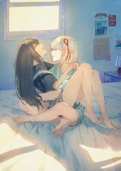 Rule 34 | 2girls, ahoge, azmodan, bare legs, barefoot, bed, bed sheet, bedroom, black hair, blonde hair, blue shirt, closed eyes, commentary request, from side, full body, grin, hair ribbon, hug, indian style, inoue takina, lamp, legs, light rays, long hair, lycoris recoil, multiple girls, nishikigi chisato, one side up, open mouth, overalls, profile, red ribbon, ribbon, shirt, short hair, shorts, sitting, smile, window, yuri