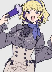 Rule 34 | 1girl, blonde hair, blue scarf, blush, buttons, center frills, colored inner hair, commentary, constance von nuvelle, do m kaeru, drill hair, drill sidelocks, earrings, fire emblem, fire emblem: three houses, frills, garreg mach monastery uniform, grey background, hairband, hand fan, holding, holding fan, jewelry, long sleeves, looking at viewer, multicolored hair, nintendo, open mouth, purple eyes, purple hair, purple hairband, scarf, short hair, sidelocks, simple background, smile, solo, twin drills, twitter username