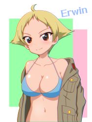 Rule 34 | 1girl, bikini, blonde hair, blue bikini, blush, breasts, brown eyes, character name, cleavage, closed mouth, erwin (girls und panzer), female focus, girls und panzer, gogopaint, halterneck, highres, jacket, large breasts, looking at viewer, military jacket, navel, short hair, smile, solo, swimsuit, upper body