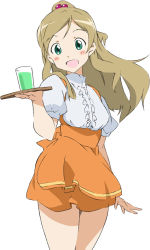 Rule 34 | 10s, 1girl, anna miller, blush, green eyes, long hair, looking at viewer, minamino kanade, open mouth, orange skirt, precure, simple background, skirt, smile, solo, suite precure, umanosuke, waitress, white background