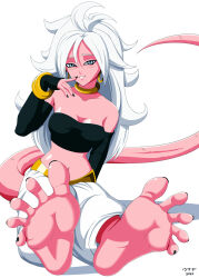 Rule 34 | 1girl, android 21, barefoot, blue eyes, blush, breasts, cleavage, colored skin, conejologia, dragon ball, feet, finger to mouth, highres, long hair, looking at viewer, medium breasts, parted lips, pink skin, soles, solo, tail, toes, white hair