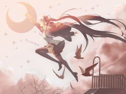 Rule 34 | 1girl, absurdly long hair, animal, bare tree, bird, black jacket, black skirt, black thighhighs, blue necktie, branch, brown theme, clothes lift, cloud, cloudy sky, collared shirt, commentary request, contrail, crescent moon, english text, from side, full body, hatsune miku, headset, highres, jacket, jumping, long hair, looking afar, monochrome, moon, necktie, open clothes, open jacket, open mouth, outdoors, outstretched hand, pleated skirt, profile, railing, reaching, saihate (d3), sepia, shiny clothes, shiny legwear, shirt, signature, skirt, sky, solo, sparkle, sparkle background, thighhighs, tree, twintails, very long hair, vocaloid, white shirt, wide-eyed, zettai ryouiki