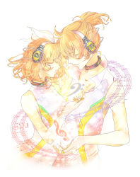 Rule 34 | 1boy, 1girl, absurdres, bass clef, blonde hair, brother and sister, closed eyes, hair ribbon, headphones, highres, kagamine len, kagamine len (append), kagamine rin, kagamine rin (append), msk, popped collar, ribbon, short hair, siblings, treble clef, twins, vocaloid, vocaloid append