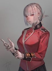 Rule 34 | 1girl, adjusting clothes, adjusting gloves, cowboy shot, fate/grand order, fate (series), florence nightingale (fate), folded ponytail, gloves, grey background, highres, looking at viewer, makitoshi0316, military, military uniform, parted lips, content rating, red eyes, short hair, solo, uniform, white background, white gloves