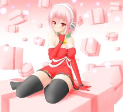 Rule 34 | 1girl, bare shoulders, blush, breasts, cleavage, elbow gloves, female focus, gloves, gradient background, headphones, highres, large breasts, long hair, nitroplus, noppi (noppi 98), pink hair, red eyes, solo, super sonico, thighhighs
