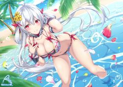 Rule 34 | 1girl, ahoge, air bubble, artist name, bakuchiku, beach, bikini, blue sky, blurry, blurry foreground, breasts, bubble, cleavage, cloud, cloudy sky, commentary, day, depth of field, dutch angle, flower, frilled cuffs, grey bikini, grin, hair flower, hair ornament, hand in own hair, hand on own chest, horizon, large breasts, long hair, looking at viewer, low twintails, matoi (pso2), navel, o-ring, o-ring bikini, outdoors, palm tree, petals, phantasy star, phantasy star online 2, red eyes, signature, silver hair, sky, smile, solo, sparkle, standing, string bikini, swimsuit, tree, twintails, twitter username, two side up, very long hair, wading, wind, yellow flower