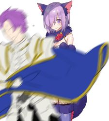 Rule 34 | 1boy, 1girl, animal costume, animal ears, armor, bad id, bad twitter id, blurry, blush, cape, chocoan, covering privates, fate/grand order, fate (series), father and daughter, hair over one eye, halloween costume, lancelot (fate/grand order), mash kyrielight, mash kyrielight (dangerous beast), official alternate costume, purple eyes, purple hair, short hair, sweat, tail, thighhighs, wolf ears, wolf tail