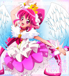 Rule 34 | 10s, 1girl, aino megumi, angel wings, arm up, ballerina, brooch, character name, choker, cure lovely, earrings, happinesscharge precure!, heart, heart brooch, highres, jewelry, long hair, magical girl, masako (sabotage-mode), pantyhose, pink eyes, pink hair, pink skirt, precure, skirt, smile, solo, sparkle, super happiness lovely, tiara, white pantyhose, white wings, wide ponytail, wings, wrist cuffs