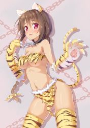 1girl animal_ears animal_hands animal_print blush braid breasts brown_hair chain collar cowboy_shot fang female_focus hair_ribbon kazuma_(kazumav) large_breasts long_hair looking_at_viewer maou_no_shimobe_ga_arawareta! navel open_mouth original purple_eyes ribbon single_braid smile solo tail thighhighs tiger_ears tiger_paws tiger_print tiger_tail torn_clothes underboob