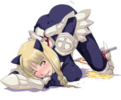 Rule 34 | 1girl, all fours, animal ears, armor, bdsm, blonde hair, blush, bodysuit, bondage, bound, braid, breasts, fantasy earth zero, knight, large breasts, latex, mr.romance, pee, peeing, peeing self, ragnarok online, restrained, solo, top-down bottom-up, warrior, yellow eyes