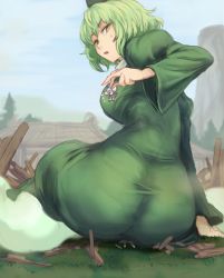 Rule 34 | 3girls, ass, colorized, destruction, dress, from behind, ghost tail, giant, giantess, green dress, green eyes, green hair, hat, long sleeves, looking back, mononobe no futo, multiple girls, open mouth, puffy sleeves, short hair, sitting, sitting on person, soga no tojiko, sweatdrop, tate eboshi, touhou, toyosatomimi no miko, utopia, white background, wide sleeves