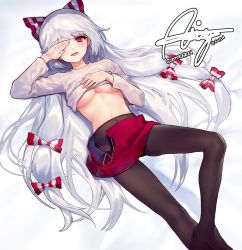 Rule 34 | 1girl, ainy, bad id, bad twitter id, bed sheet, black panties, black pantyhose, bow, breasts, clothes lift, commentary request, commission, fujiwara no mokou, hair bow, knee up, korean commentary, long hair, looking at viewer, lying, medium breasts, miniskirt, no bra, on back, one eye covered, open mouth, panties, panties under pantyhose, pantyhose, red eyes, red skirt, shirt, shirt lift, skirt, smile, solo, touhou, underboob, underwear, unzipped, very long hair, white background, white bow, white hair, white shirt