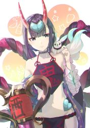 Rule 34 | 1girl, bob cut, chinese clothes, chromatic aberration, dudou, fate/grand order, fate (series), headpiece, highres, horns, itohana, looking at viewer, midriff, navel, oni, pelvic curtain, purple hair, rope, shimenawa, shuten douji (fate), shuten douji (fate/grand order), shuten douji (halloween caster) (fate), skin-covered horns