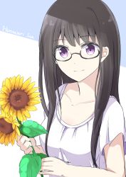 Rule 34 | 1girl, a.a (aa772), black-framed eyewear, black hair, breasts, character name, closed mouth, collarbone, flower, glasses, highres, himawari-san, himawari-san (character), holding, holding flower, long hair, looking at viewer, purple eyes, shirt, sidelocks, small breasts, smile, solo, sunflower, t-shirt, two-tone background, upper body, white shirt