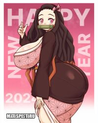 Rule 34 | 1girl, 2024, ass, bit gag, black hair, breasts, from side, gag, gagged, happy new year, highres, huge ass, huge breasts, kamado nezuko, kimetsu no yaiba, mato spectoru, new year, pink eyes, solo, thick thighs, thighs