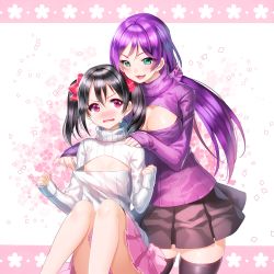 Rule 34 | 10s, 2girls, :3, aile (crossroads), black hair, black legwear, blush, breasts, cleavage, cleavage cutout, clothing cutout, flat chest, long hair, looking at breasts, love live!, love live! school idol project, low twintails, meme attire, multiple girls, no bra, open-chest sweater, open mouth, pink eyes, ribbed sweater, shiny skin, short hair, sitting, skirt, sleeves past wrists, sweater, thighhighs, tojo nozomi, turtleneck, twintails, yazawa nico, zettai ryouiki