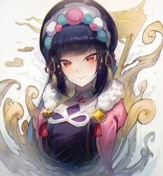 Rule 34 | 1girl, absurdres, black hair, black headwear, blunt bangs, blush, bonnet, breasts, capelet, closed mouth, commentary, english commentary, eyeliner, flower knot, genshin impact, hair ornament, high collar, highres, lolita fashion, looking at viewer, makeup, mandarin collar, medium breasts, pink capelet, qi lolita, red eyeliner, red eyes, simple background, smile, tassel, tassel hair ornament, upper body, vision (genshin impact), wa lolita, white background, yonesdraws, yun jin (genshin impact)