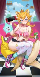 Rule 34 | 1-up mushroom, 1girl, 1other, ? block, absurdres, animal ear fluff, animal ears, ass, banana, banzai bill, bare shoulders, black shorts, blonde hair, blooper (mario), blue eyes, blush, bra, breasts, brick block, cat ears, checkered floor, cleavage, coin, commentary request, couch, crop top, crown, dolphin shorts, earrings, fire flower, food, frilled bra, frills, fruit, game over, grin, handheld game console, heart, highres, holding, holding handheld game console, ice flower, indoors, jewelry, koopa troopa, large breasts, long hair, looking at viewer, luma (mario), lumalee, mario (series), mhk (mechamania), midriff, nintendo, nintendo switch, on couch, panties, panty peek, pink bra, pink lips, pink nails, piranha plant, princess peach, print thighhighs, red shell (mario), rotating block, shoes, short shorts, shorts, sitting, skindentation, smile, sneakers, socks, super star (mario), stuffed animal, stuffed toy, super mario bros. 1, the super mario bros. movie, thick thighs, thighhighs, thighs, toad (mario), underboob, underwear, warp pipe, white thighhighs, yoshi