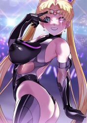 Rule 34 | 1girl, absurdres, arion canvas, ass, bishoujo senshi sailor moon, blonde hair, blue eyes, blush, bodysuit, breasts, covered erect nipples, earrings, elbow gloves, gloves, highres, jewelry, large breasts, long hair, looking at viewer, magical girl, sailor moon, skin tight, taimanin (series), taimanin suit, twintails
