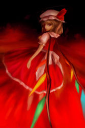 Rule 34 | 1girl, blonde hair, dress, female focus, fire, fire, flandre scarlet, frills, from behind, hat, looking at viewer, mob cap, oisin, puffy short sleeves, puffy sleeves, red dress, red eyes, short sleeves, side ponytail, solo, standing, touhou, wings