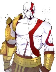 Rule 34 | 1boy, abs, absurdres, armor, arms at sides, bald, belt, biceps, black eyes, bodypaint, chain, chain around arm, clenched hands, closed mouth, collarbone, colored skin, cowboy shot, deltoids, facial hair, goatee, god of war, gold armor, greek key, highres, isaacchief300, kratos (god of war), lips, looking at viewer, male focus, nipples, nose, obliques, pectorals, pelvic curtain, scar, scar across eye, scar on stomach, shoulder armor, simple background, standing, strongman waist, trapezius, vambraces, white background, white skin