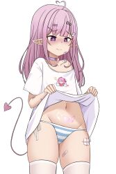 Rule 34 | 1girl, ahoge, bandaid, bandaid on face, bandaid on thigh, bikini, blush, choker, closed mouth, clothes lift, collarbone, commentary, demon girl, demon tail, elf, english commentary, female focus, flat chest, hair ornament, hairclip, highres, hormkrun, indie virtual youtuber, lifting own clothes, long hair, mochi (vtuber), navel, official art, panties, petite, pink choker, pink eyes, pink hair, pointy ears, print shirt, pubic tattoo, second-party source, shirt, shirt lift, side-tie bikini bottom, simple background, single bare shoulder, skindentation, solo, standing, stomach, striped bikini, striped clothes, striped panties, swimsuit, tail, tattoo, thighhighs, thighs, underwear, virtual youtuber, white background, white shirt