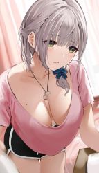 Rule 34 | 1girl, black shorts, blush, breasts, cleavage, downblouse, green eyes, heart, heart necklace, hololive, jewelry, large breasts, mole, mole on breast, necklace, niii (memstapak), open mouth, pink shirt, shirogane noel, shirt, short hair, short shorts, short sleeves, shorts, silver hair, solo, thighs, virtual youtuber