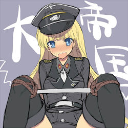Rule 34 | 1girl, bdsm, belt, black thighhighs, blonde hair, blue eyes, blush, bondage, boots, bound, bound knees, breasts, cross, daiteikoku, hat, iron cross, long hair, military, military uniform, nose blush, open mouth, out-of-frame censoring, peaked cap, piaisai, retia adolf, rope, small breasts, solo, spreader bar, sweatdrop, thigh boots, thighhighs, uniform