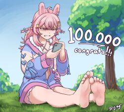 Rule 34 | 1girl, angry, animal ears, barefoot, bloomers, cellphone, efreezerarts, feet, grass, hair ornament, heart, heart hair ornament, highres, outdoors, phase connect, phone, pink bloomers, pink eyes, pink hair, pipkin pippa, pipkin pippa (1st costume), rabbit ears, rabbit girl, rabbit hair ornament, rabbit ornament, soles, solo, star (symbol), star hair ornament, toes, tree, virtual youtuber