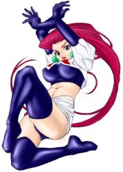 Rule 34 | blue eyes, breasts, covered erect nipples, creatures (company), earrings, elbow gloves, game freak, gloves, jessie (pokemon), jewelry, large breasts, latex, latex gloves, lipstick, long hair, makeup, midriff, nintendo, pokemon, red hair, simple background, team rocket, thighhighs, thighs