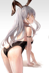 Rule 34 | 1girl, absurdres, animal ears, arm belt, arm support, ass, backless leotard, black leotard, breasts, dampi, ear piercing, fake animal ears, fingernails, highres, leaning forward, leotard, long hair, looking at viewer, looking back, medium breasts, open mouth, original, piercing, playboy bunny, rabbit ears, rabbit tail, simple background, sleeveless, solo, strapless, strapless leotard, sweat, tail, thighs, white hair, yellow eyes