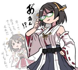 Rule 34 | 2girls, afterimage, bare shoulders, black hair, black skirt, clenched hands, detached sleeves, glasses, green-framed eyewear, hairband, hand on own hip, haruna (kancolle), headgear, japanese clothes, kantai collection, kirishima (kancolle), long hair, lowres, multiple girls, nontraditional miko, open mouth, pleated skirt, red skirt, ribbon-trimmed sleeves, ribbon trim, short hair, simple background, skirt, sparkle, terrajin, translation request, v-shaped eyebrows, white background, wide sleeves