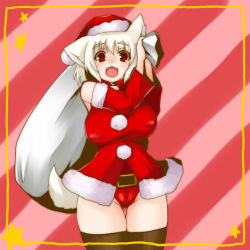 Rule 34 | 1girl, animal ears, breasts, cameltoe, christmas, detached sleeves, covered erect nipples, fang, female focus, hat, inubashiri momiji, large breasts, md5 mismatch, red eyes, santa costume, santa hat, shinobe, short hair, silver hair, solo, tail, thighhighs, touhou, wolf ears, wolf tail