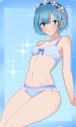 absurdres bikini blue_eyes blue_hair breasts hair_ornament hair_ribbon highres krejzart re:zero_kara_hajimeru_isekai_seikatsu rem_(re:zero) ribbon short_hair small_breasts swimsuit thick_thighs thighs underwear