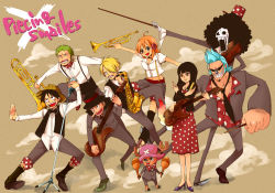 Rule 34 | 2girls, 6+boys, afro, animal, antlers, artistic error, bad id, bad pixiv id, band, bandana, bass guitar, black hair, blonde hair, blue hair, bow, bowtie, brook (one piece), bugle, chako nejio, cigarette, dots, dress, earrings, english text, engrish text, everyone, flower, franky (one piece), green hair, guitar, hair flower, hair ornament, hat, high heels, highres, horns, instrument, jewelry, jumping, maracas, microphone, microphone stand, monkey d. luffy, multiple boys, multiple girls, nami (one piece), necktie, nico robin, one piece, pink hat, polka dot, ranguage, red hair, reindeer, roronoa zoro, sanji (one piece), saxophone, scar, shoes, shorts, skeleton, smoking, standing, straw hat, sunglasses, suspenders, thighhighs, tony tony chopper, top hat, trombone, trumpet, usopp, vest, violin