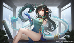 Rule 34 | 1girl, aqua dress, arknights, bare legs, bare shoulders, bead bracelet, beads, black hair, bracelet, breasts, chunhwei lee, dress, dusk (arknights), dusk (everything is a miracle) (arknights), feet out of frame, female focus, hand up, highres, horns, jewelry, long hair, looking at viewer, medium breasts, official alternate costume, orange eyes, pointy ears, sitting, sleeveless, sleeveless dress, smile, solo, thighs, very long hair