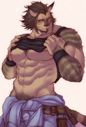 Rule 34 | 1boy, abs, animal ears, warrior of light (ff14), bara, bare pectorals, black tank top, blush, brown fur, cat boy, cat ears, cat tail, character request, chillasan, clothes around waist, clothes lift, copyright request, embarrassed, excessive pubic hair, fang, feet out of frame, final fantasy, final fantasy xiv, groin, highres, jacket, jacket around waist, large pectorals, lifting own clothes, male focus, male pubic hair, muscular, muscular male, navel, navel hair, nipples, pectorals, pubic hair, pubic hair peek, shirt lift, short hair, sidelocks, solo, stomach, tail, tank top, undressing