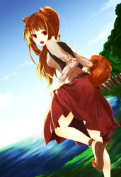 Rule 34 | 00s, animal ears, brown hair, clothes lift, cloud, day, dress, fang, holo, lake, long hair, ponytail, red eyes, skirt, skirt lift, smile, solo, spice and wolf, tail, thighs, tree, wolf ears, wolf tail