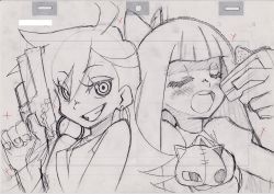 Rule 34 | 10s, 2girls, bad id, bad pixiv id, closed eyes, graphite (medium), grin, highres, kiyukiyutan, monochrome, multiple girls, official style, panty &amp; stocking with garterbelt, panty (psg), production art, siblings, sisters, sketch, smile, stocking (psg), traditional media