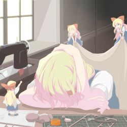 Rule 34 | 1girl, alice margatroid, blanket, blonde hair, blue dress, blue eyes, bow, doll, doll joints, dress, hair bow, hairband, hand on own head, head down, highres, indoors, joints, kugi (kugi-xiv), long hair, looking at another, paper, red bow, ribbon, sewing machine, shanghai doll, shelf, shirt, shoes, short hair, short sleeves, signal flag, sleeping, socks, table, touhou, window, wire cutters